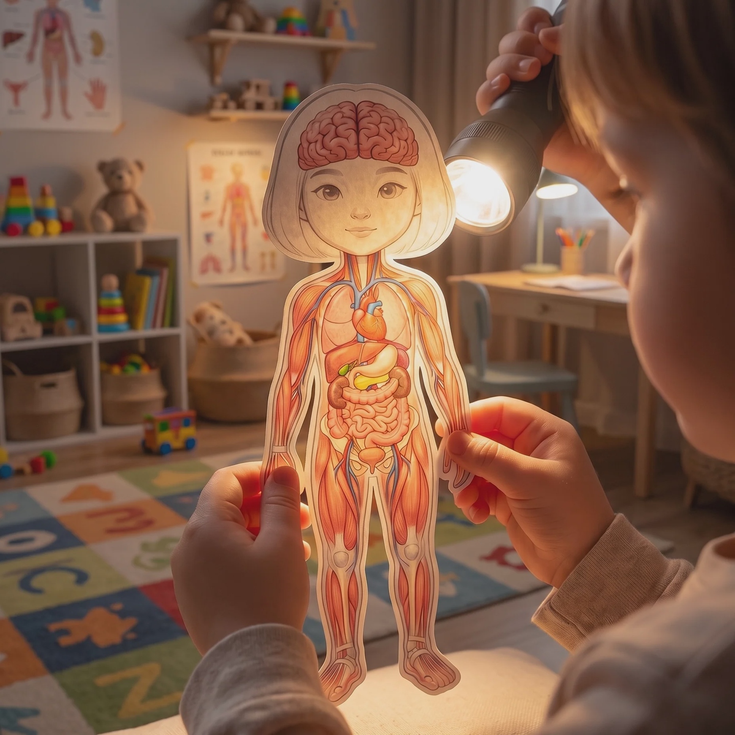 Criança iluminando uma figura educativa para revelar os órgãos do corpo humano